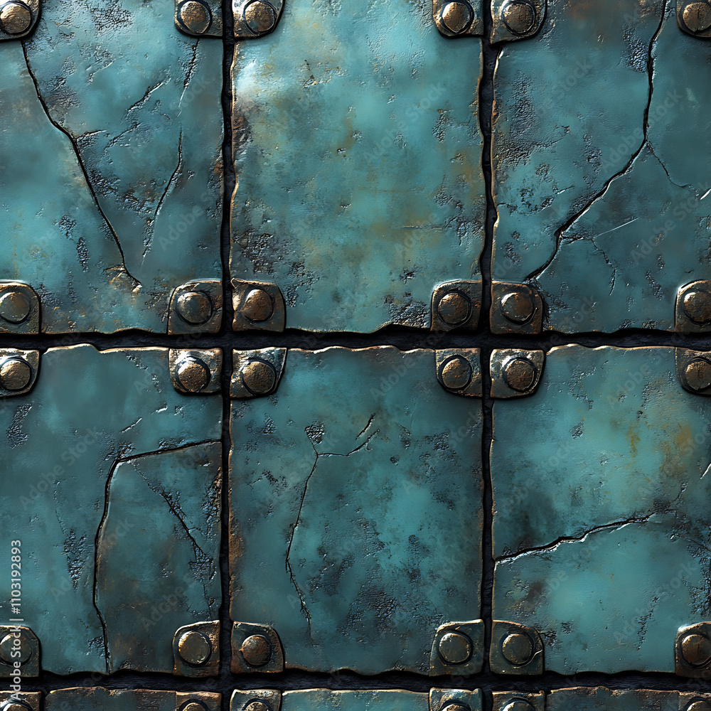 Poster textured turquoise metal surface with rivets and cracks, ideal for backgrounds or design elements. u