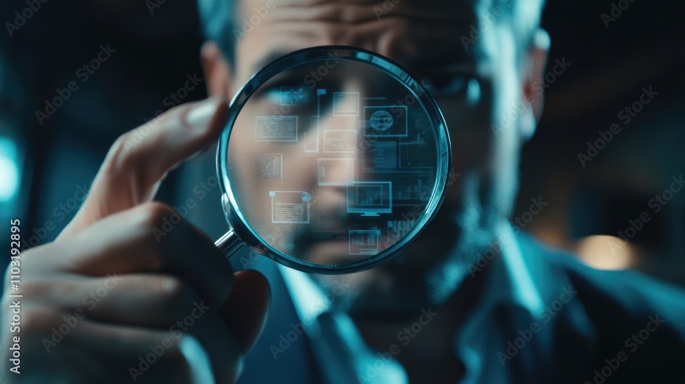 Poster man is holding a magnifying glass up to his face, looking at a computer screen. the screen is filled