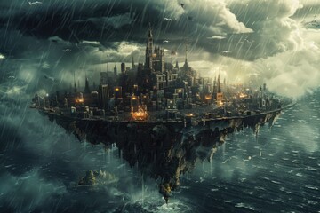 Fototapeta premium A Floating City Under a Stormy Sky