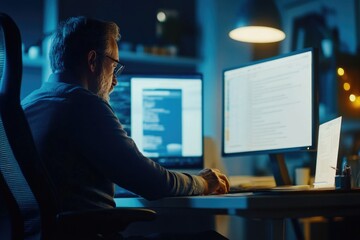 Man is sitting at a desk with two computer monitors in front of him. He is wearing glasses and he is focused on his work. The room is dimly lit, which adds to the serious