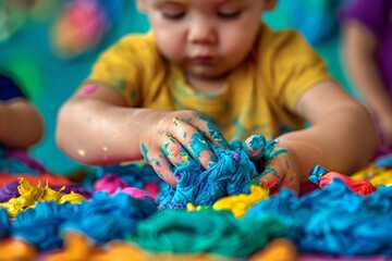 Child exploring colorful sensory play with paint and textured materials. Hands-on creative activity for early childhood development. Generative AI