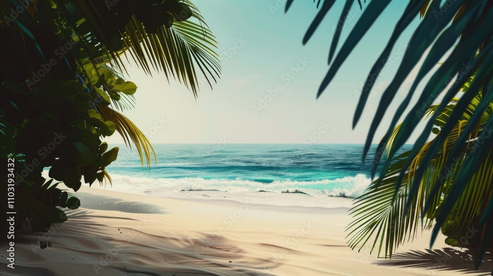 Poster beach scene with palm trees and a blue ocean. the palm trees are in the foreground and the ocean is 