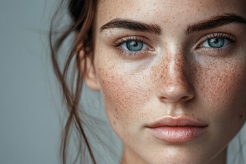 Fototapeta premium Woman with blue eyes and red hair. She has a slight smile on her face. The image is of a woman with a blue eye shadow