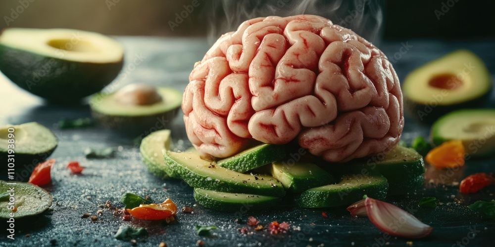 Poster brain made of vegetables is on a table with a variety of other foods. the brain is surrounded by avo