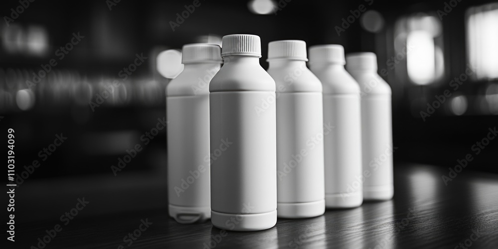 Poster row of five white bottles are lined up on a wooden table. the bottles are all the same size and shap