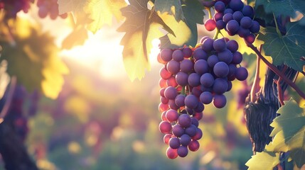 Fototapeta premium Sunlit Vineyard: Ripe Red Grapes at Sunset