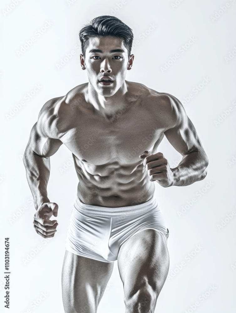 Poster man running with his arms outstretched and a serious expression on his face. concept of determinatio