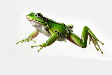 Obraz premium Green frog is leaping through the air. The frog is the main focus of the image, and it is in motion. The white background provides a stark contrast to the vibrant green color of the frog