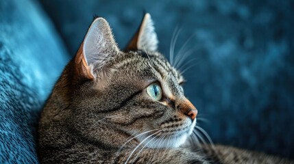 Cat is laying on a blue couch with its eyes closed. The cat appears to be relaxed and comfortable in its surroundings