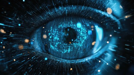 Blue eye with a black background. The eye is surrounded by a blue and white pattern