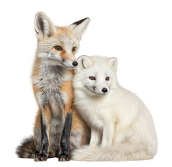 Obraz premium A red fox and an arctic fox sitting next to each other, isolated on a white background