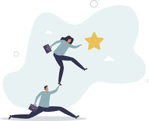 Reach for the star, teamwork or support to achieve business goal, partnership or manager mentorship to help success concept.flat characters.