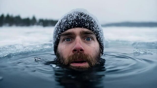 man swimming in ice hole on frozen lake