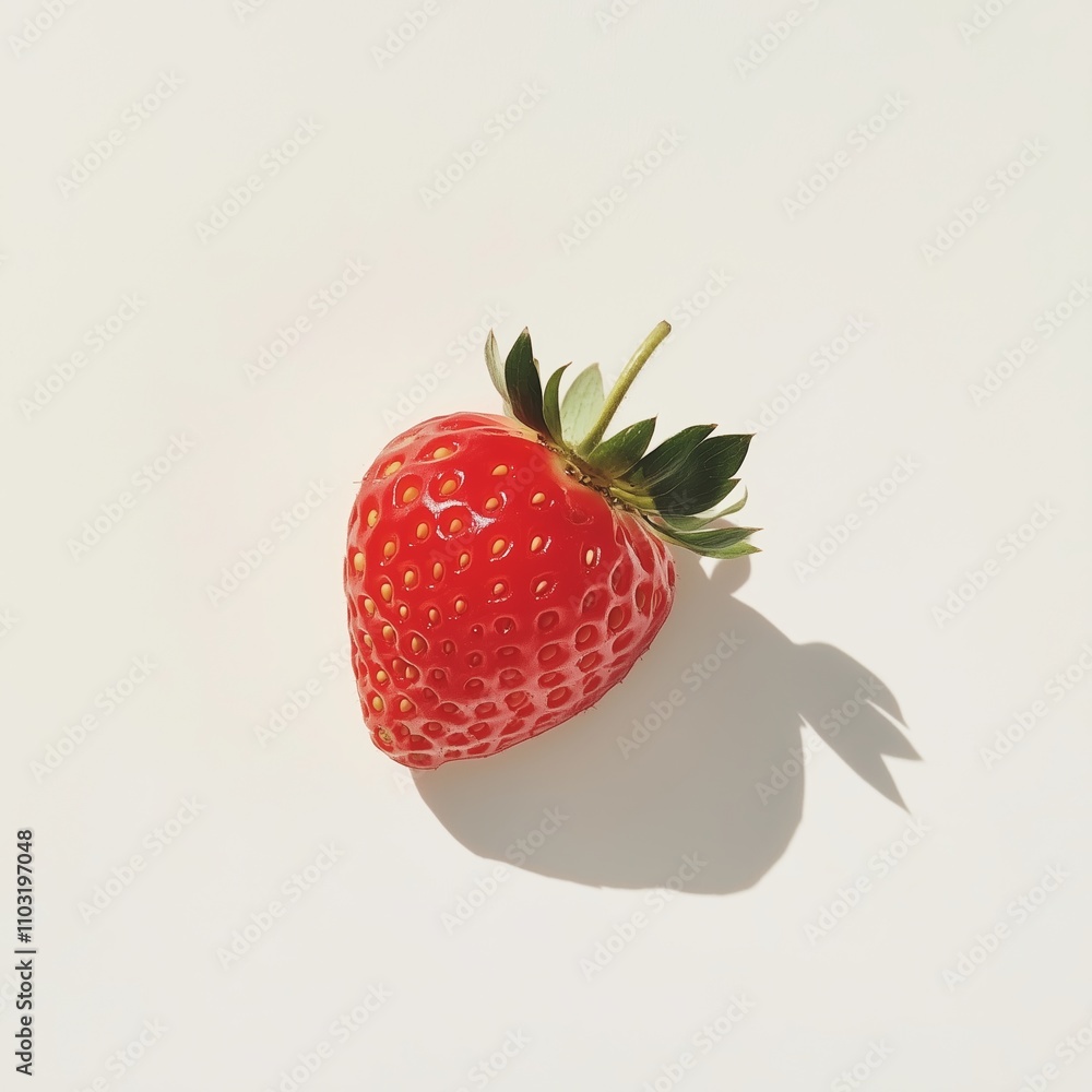 Poster bright red strawberry rests on a simple background casting a soft shadow in natural light