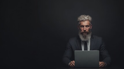 Bearded man in business suit holding architectural blueprints Over black Studio Background.