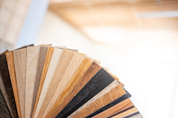 Sample of wood laminated materials in natural collection. Set of wooden veneer texture or MDF board swatch fan for interior finishing or furniture design