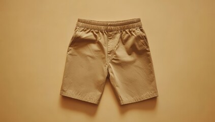A pair of khaki cargo shorts with an elastic waistband and pockets, laid flat on a beige background.