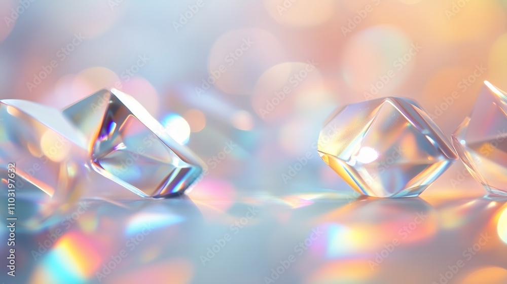 Poster sparkling crystal shapes reflecting light in soft focus with colorful bokeh background