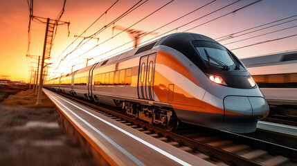 Naklejka premium High speed train in motion on the railway station at sunset. Modern intercity passenger train with motion blur effect on the railway platform. Industrial. Railroad in Europe. Commercial transportation