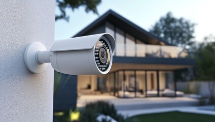 Security camera mounted on the wall of a modern house.