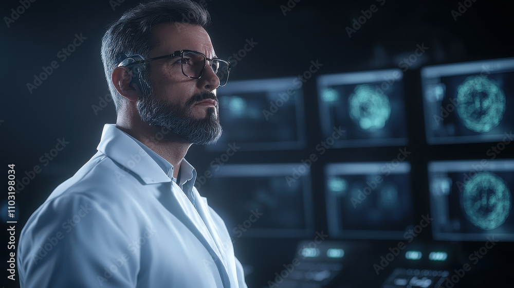 Poster scientist in white coat stands confidently at control panel, surrounded by advanced technology and m