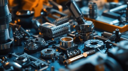 Close-up of various metallic industrial parts and components scattered on a surface.