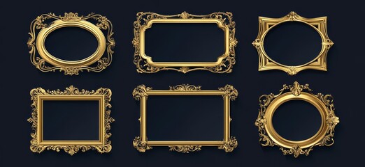 Set of six ornate gold frames isolated on a dark background.