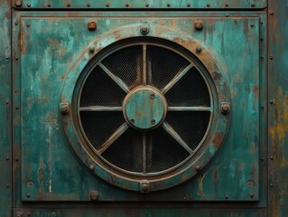 Close-up of a vintage industrial vent with a weathered turquoise finish and rusted metal accents.