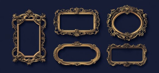 A set of ornate gold picture frames with various shapes and sizes on a blue background.