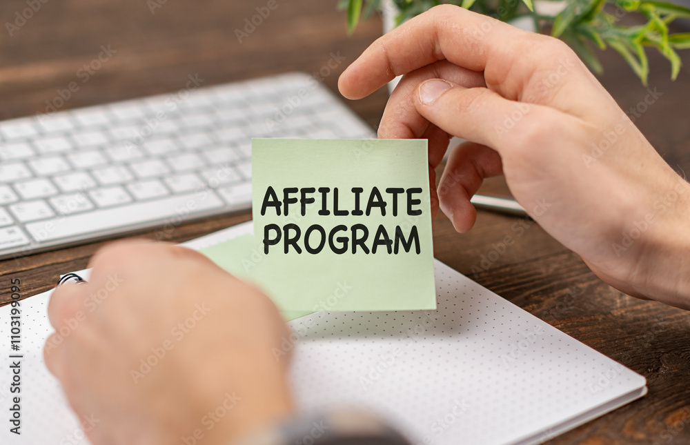 Poster affiliate program text written on a notebook on the wooden background.