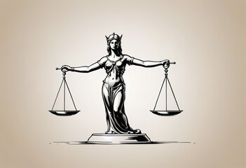 goddess of justice, balance scale symbolizes balance and justice, simple pencil drawing, simple line style, isolated background