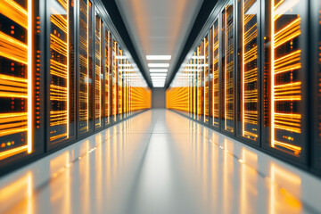futuristic data center hallway with glowing orange lights and sleek server racks, showcasing advanced technology and high speed connectivity