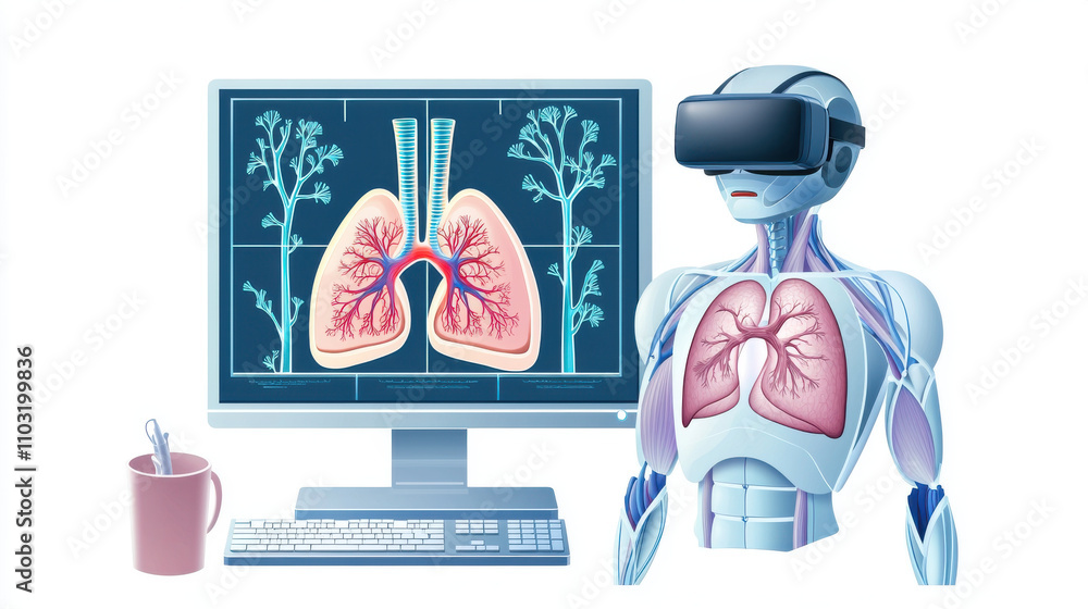 Poster futuristic ai robot wearing vr headset stands beside computer displaying detailed lung graphics, sho