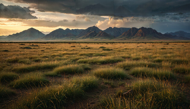 Paysage de steppes au cr&eacute;puscule