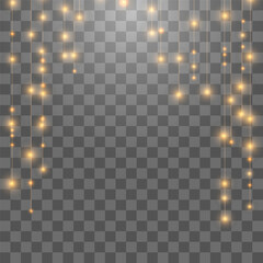 Christmas lights bulbs, glowing garlands string. New Year's party lights, holiday decorations. Winter holiday season element. Vector illustration isolated on transparent background