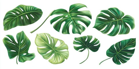 Collection of various tropical leaves isolated on white background.
