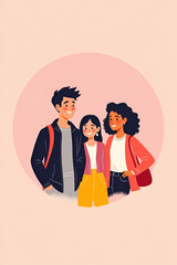 Illustration of a cheerful group of three diverse friends standing together