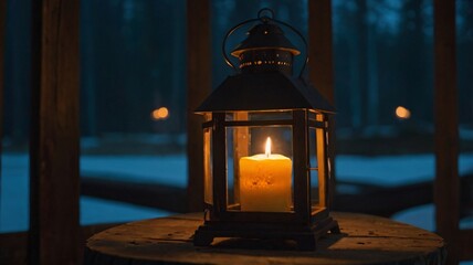 Candlelight in the Winter Woods: A single candle glows warmly within a rustic lantern, its flame casting a soft, inviting light against the backdrop of a snowy forest landscape.