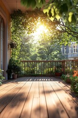 Fototapeta premium Sunlight streams onto a wooden terrace adorned with lush green plants and flowers, creating a serene and inviting outdoor space.