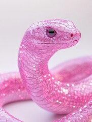 Fototapeta premium Close-up of a glittery, pink snake sculpture with intricate scale details, perfect for fantasy art and design inspiration.
