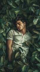Fototapeta premium Young man in white shirt sleeping surrounded by lush green leaves, conveying tranquility, nature, and relaxation in a serene setting.