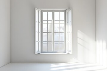 Minimalist white room with a large window and sunlight streaming in.