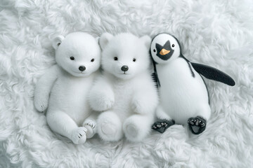 Three cute plush toys two white bears and a penguin on a fluffy background.