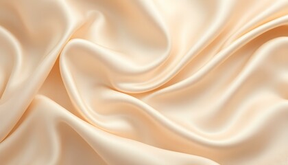 Fototapeta premium Soft pastel beige cream color, shiny satin silk swirl wave background banner. Abstract fabric material, backdrop texture for product display. Beige satin silk swirl background, soft pastel background