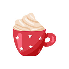 Cute Christmas Mugs with cacao and whipped cream. Seasonal flavored products, cards for New Year or winter holidays. Isolated on white