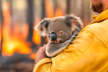 Rescue efforts for a koala as a firefighter carries the animal away from a bushfire in a moment of urgency and compassion