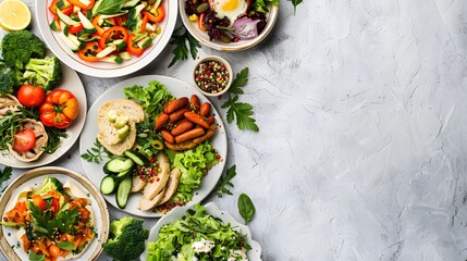 Assortment of healthy food dishes. Top view. Free space for your text