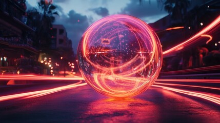 Obraz premium Glowing orb on city street at night with light trails.