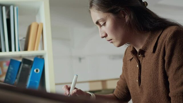 Side view waist up shot of young Caucasian woman in brown polo sweater using blue highlighter while sketching on paper at office desk