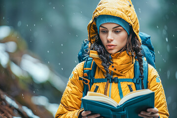Young woman reading a book while hiking in snowfall